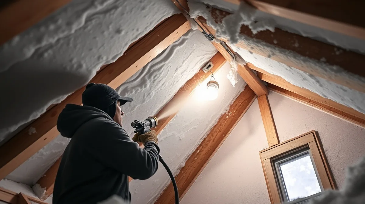 Technician spraying foam insulation onto an attic roof deck
